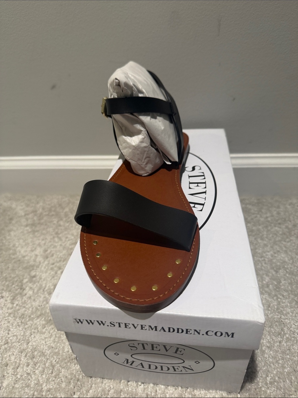 Steve Madden Black Strap Sandal with Tan Footbed